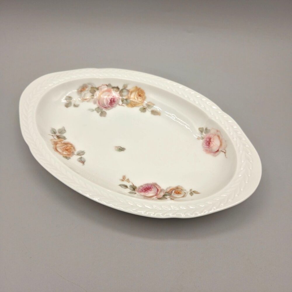Bavarian Floral Oval Serving Platter Pink Yellow Roses Embossed Edge Porcelain
